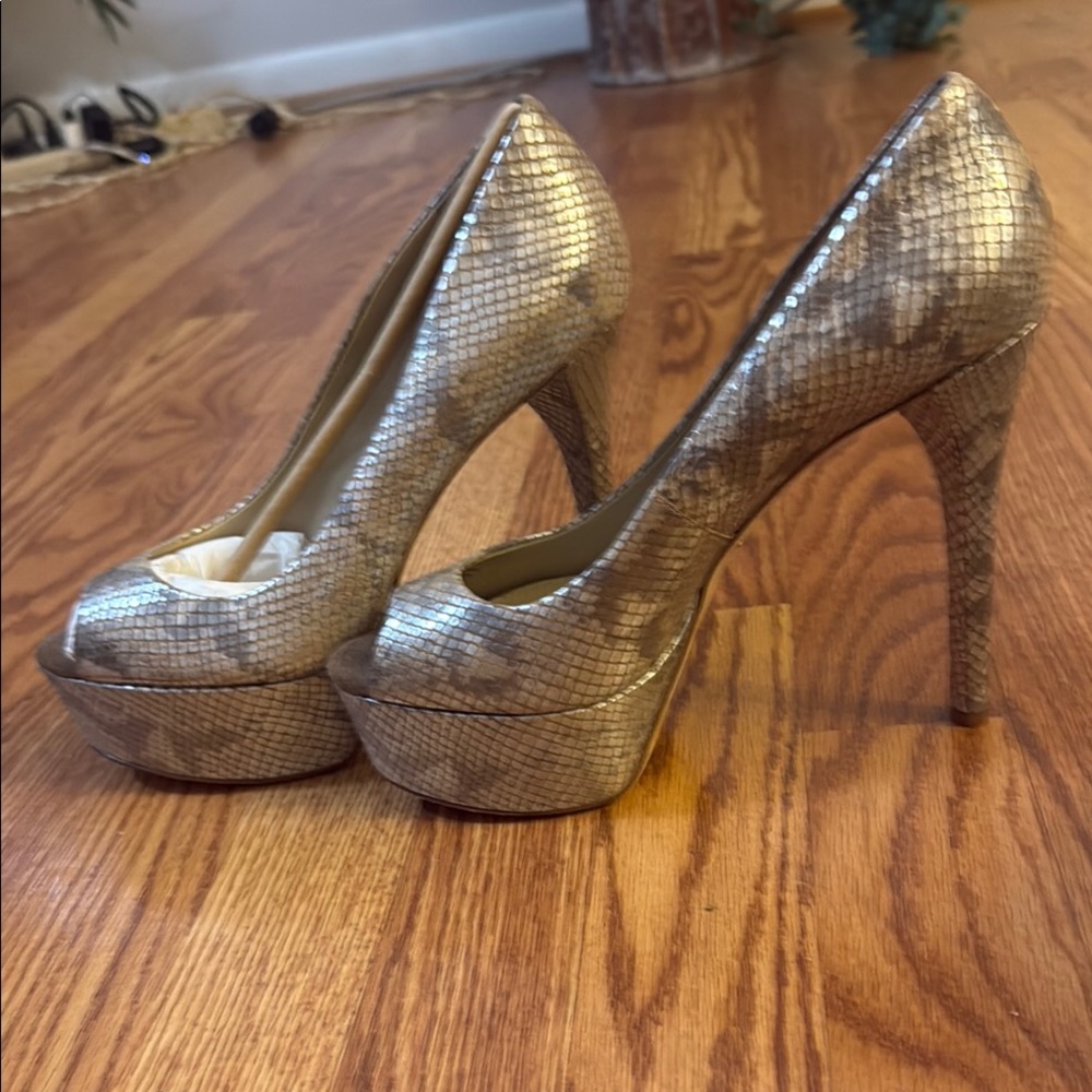 Brian Atwood Silver Heels with High Stiletto and Platform Design